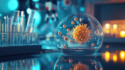 A conceptual image of virus particles in a petri dish, with scientific equipment in the background, highlighting the laboratory setting for pathogen research.