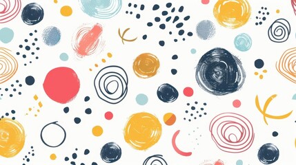 playful seamless pattern with handdrawn colorful circles squiggles and dots on crisp white background