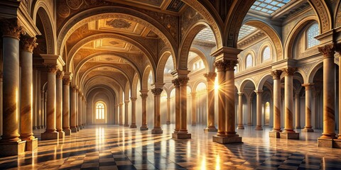Obraz premium Expansive ancient hall with grand archways, columns, and diffused sunlight, exuding timeless grandeur and mystic beauty