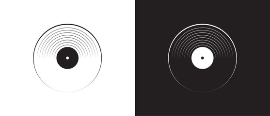 Simple Vinyl record icon. Symbol of music player, gramophone. Vinyl disc icon for DJ equipment and 70s 80s 90s nostalgic discotheque symbol isolated on black and white background. Vector illustration.