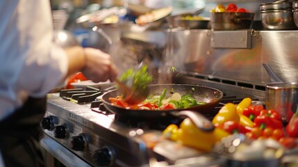 A vibrant kitchen scene with colorful vegetables being chopped, a sizzling pan on the stove, and a chef in action