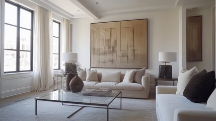 Fototapeta premium A contemporary living room with minimalist design, featuring a sleek, neutral-toned sofa, glass coffee table, and large, modern art pieces on the walls.
