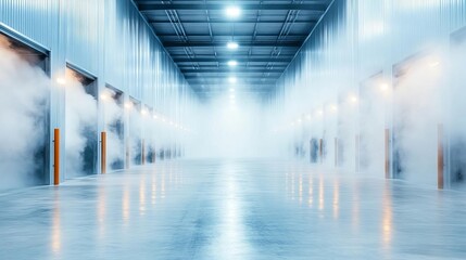 Cold storage warehouse with visible steam effects, dramatic visualization of temperature extremes