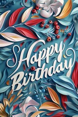 Fototapeta premium Happy Birthday wishes with colorful paper flowers.