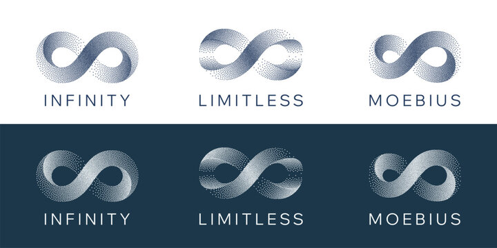 Gritty Dots Digital Technology Grey Light Vector Infinity Logo. Artificial Intelligence Abstract Data Limitless Sign Concept. Grain Texture Endless Infinite Loop Emblem Templates Set Isolated