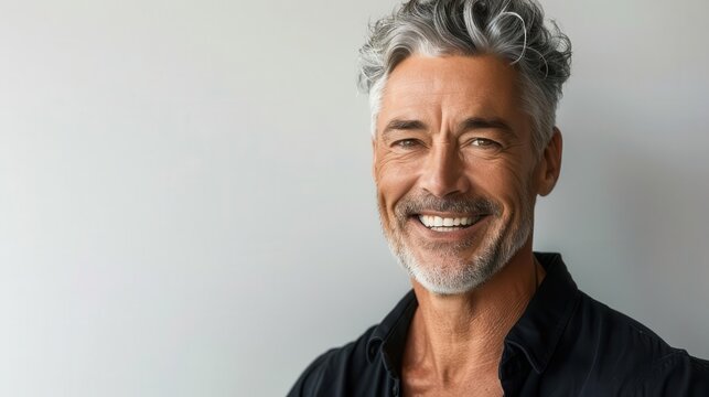 portrait of handsome 60yearold man with styled grey hair and warm smile soft lighting accentuates his distinguished features against clean white background