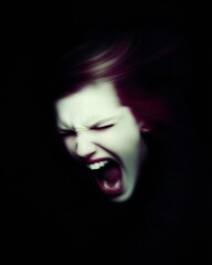 Frightening scream with surreal hair and dark background.