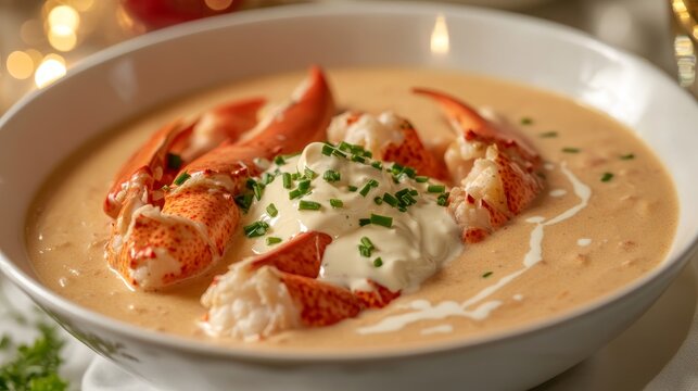 A creamy lobster bisque garnished with lobster claws and chives in an elegant bowl, perfect for a gourmet meal.