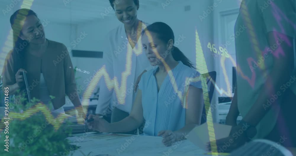 Aufkleber animation of data processing and diagrams over diverse colleagues talking in office