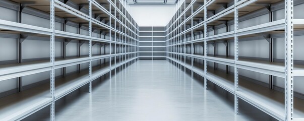 Obraz premium Empty rows of industrial shelving units, minimalist design, and storage solutions