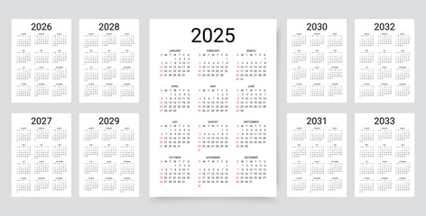 2025, 2026, 2027, 2028, 2029, 2030, 2031 2032, 2033 years calendar. Week starts Sunday. Simple calender template. Planner layout with 12 months. Yearly diary. Organizer in English. Vector illustration