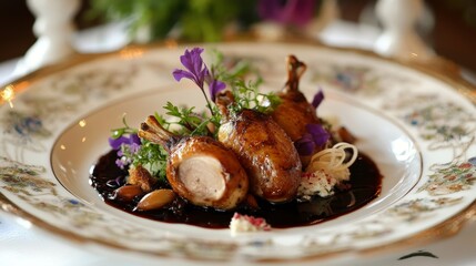 A gourmet dish featuring roasted quail with herbs, garnished with edible flowers and served on a decorative plate.