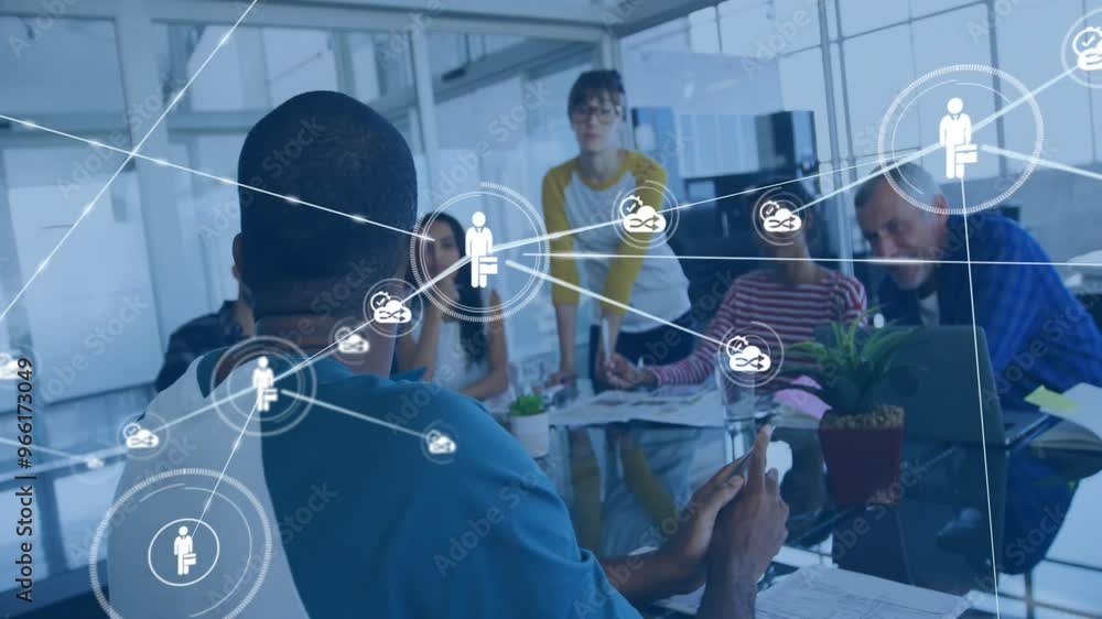 Poster animation of network of connections with icons over diverse colleagues discussing work
