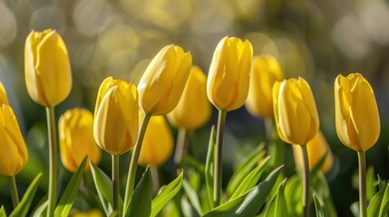Obraz premium A field of yellow flowers with green leaves