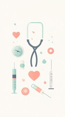 A collection of medical tools, including syringes and a stethoscope, surrounded by heart symbols and other health-related icons