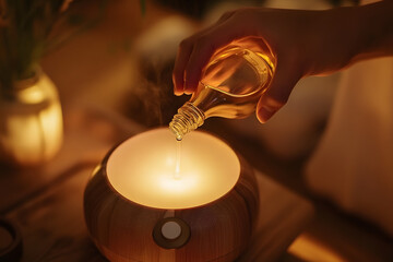 a person’s hands pouring essential oils into a diffuser, with the soft light highlighting the serene atmosphere