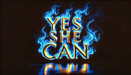 Kamala Harris 2024 can win the election - YES SHE CAN written in bold golden letters – intense blue flames – next President – US – USA – Empowerment – Feminism -  America– Women's Rights – Inspiration
