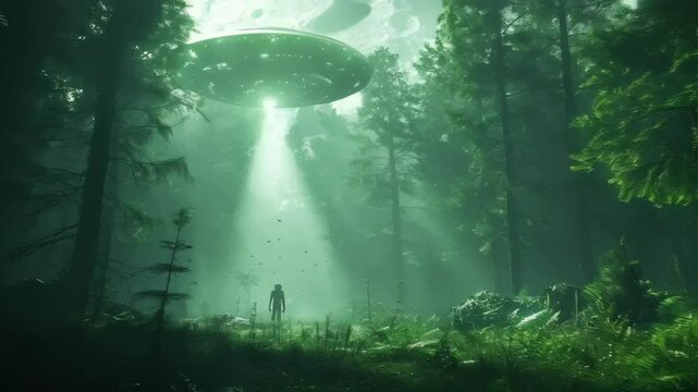 video of A kidnapped man hovers in a beam of light from a UFO, while a frightening alien is illuminated by moonlight in the forest