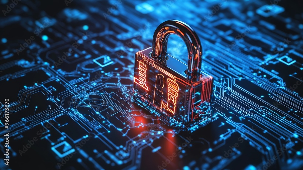 Aufkleber a 3d image of a digital lock symbol on a circuit board. it represents the concepts of cybersecurity,