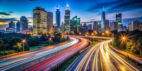 Fototapeta premium Cityscape with Light Trails on Highway at Night, Skyscrapers, urban, night photography, cityscape