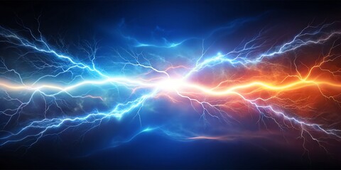 Clash of Elements Blue and Orange Lightning, Abstract, Energy, Power, Digital Art, electricity, storm