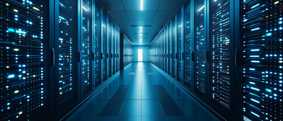 Modern data center hallway with illuminated server racks, showcasing advanced technology infrastructure and digital connectivity for cloud computing and business operations