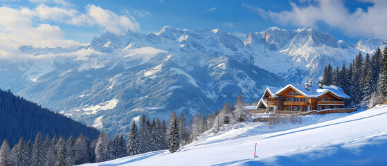 Luxurious wooden cabin nestled in the snowy mountains with breathtaking alpine scenery and blue sky in winter season