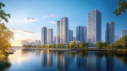 Obraz premium A daytime view of tall office buildings and luxury apartments along the riverbank, with the river reflecting the modern architecture and surrounding greenery.
