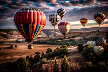 Fototapeta premium Hot Air Balloons Soaring Over Rolling Hills