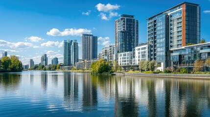 A daytime view of tall office buildings and luxury apartments along the riverbank, with the river reflecting the modern architecture and surrounding greenery.