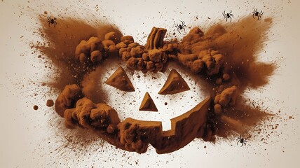 A brown and black Halloween pumpkin with spiders exploding in a cloud of dust. 
