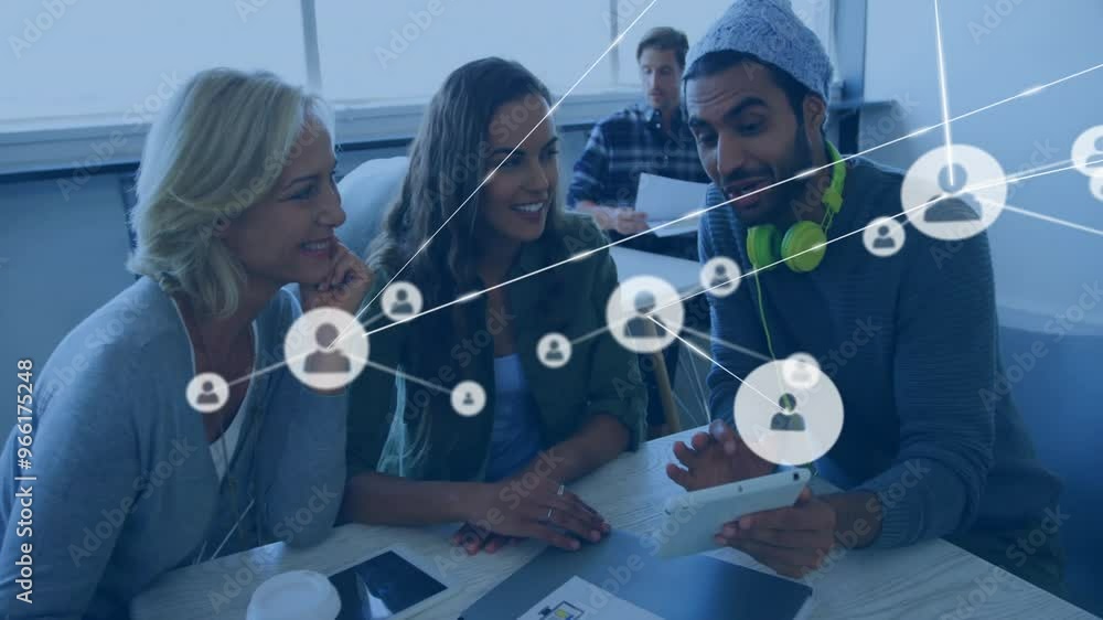 Aufkleber animation of network of connections with icons over diverse colleagues discussing work
