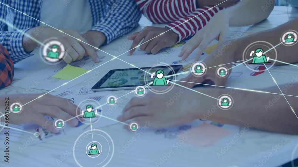 Poster animation of network of connections with icons over diverse colleagues discussing work