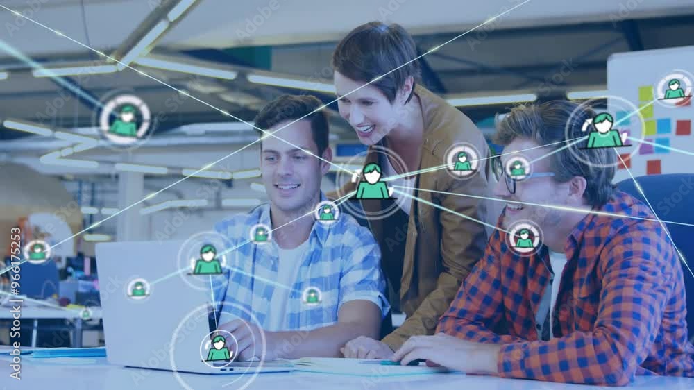 Poster animation of network of connections with icons over caucasian colleagues discussing work