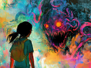 Fototapeta premium The Entrance of Dreams. A person standing in front of a large, vibrant artwork depicting a dark figure with glowing eyes and an open mouth.