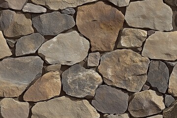 Obraz premium A textured wall made of various sizes and shapes of natural stones in earthy tones, showcasing a rustic and organic appearance.