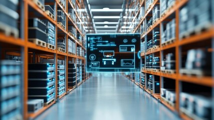 Modern warehouse with digital command centers, integrating IoT for smarter logistics