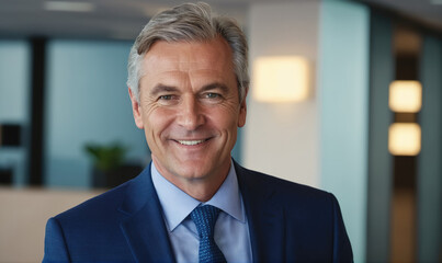 Naklejka premium A man in a blue suit smiles warmly while standing in an office
