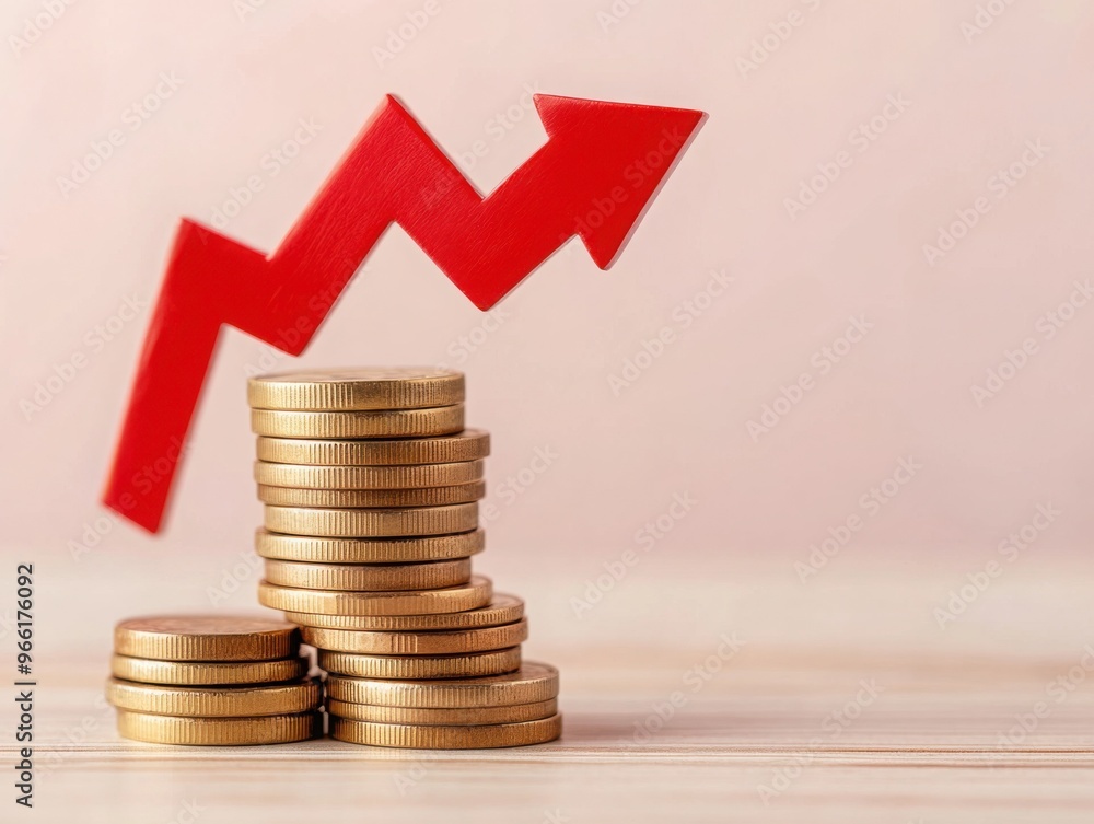 Poster stack of coins with a red downward arrow, illustrating the effect of falling interest rates on savin