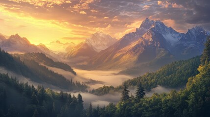 A breathtaking panorama captures the essence of nature's beauty. A golden sunrise bathes the towering snow-capped mountains in warm light, while a misty forest valley stretches out below, symbolizing 