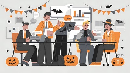 Office Halloween party with orange and black decorations, celebrating spooky season with colleagues. 
