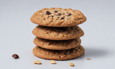 A stack of four chocolate chip oatmeal cookies sits on a light blue surface
