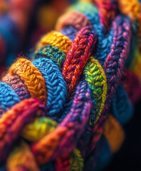 colorful wool yarn forming garter stitch, showing the loops and ridges in exquisite detail