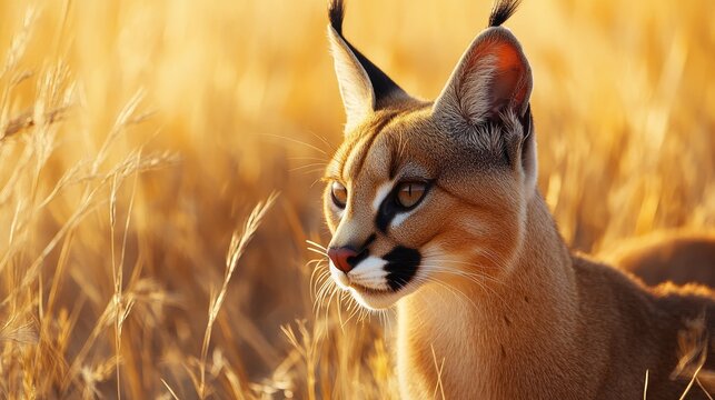 A captivating close-up portrait of a Caracal, a wild cat, with warm, golden tones illuminating its fur as it stands against a backdrop of golden savanna grass. The image captures the animal's wild bea