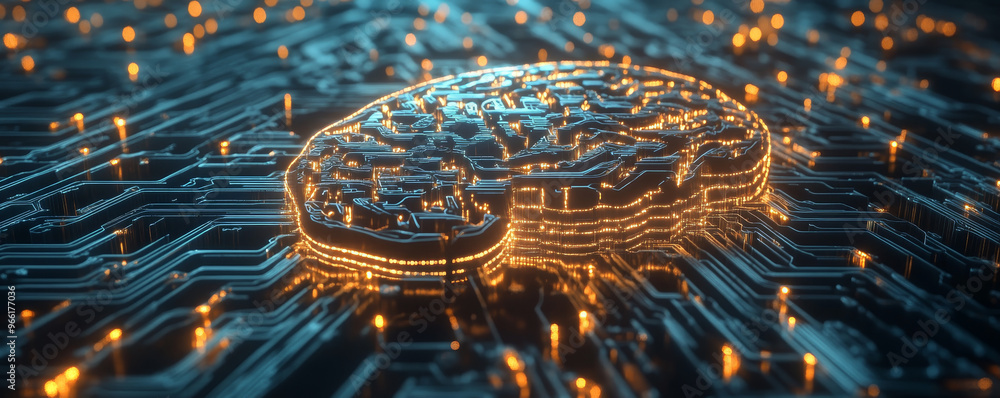 Poster a glowing neural brain made of circuits and data, symbolizing advanced technology and artificial int