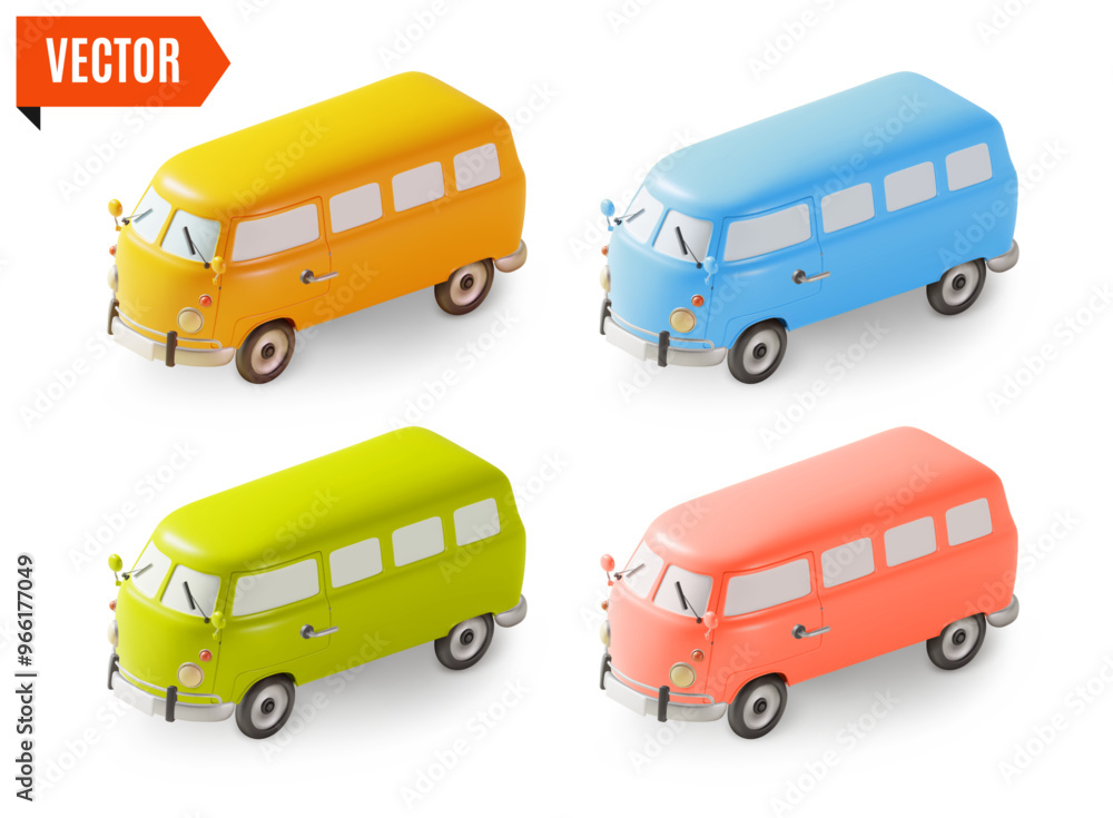 Poster 3d Different Color Camper Van Bus Set Travel and Tourism Concept Cartoon Design Style Isolated on a White Background. Vector illustration