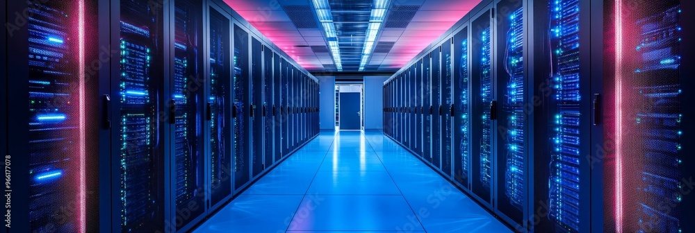 Poster a captivating view of a server aisle in a modern data center. rows of powerful servers, glowing with