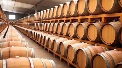 Rows of barrels in a wine storage warehouse, capturing tradition in industrial logistics