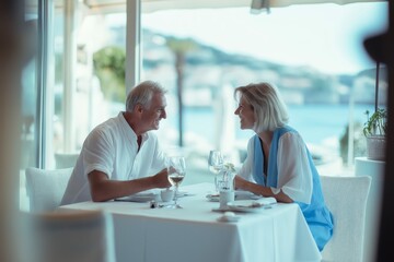 A couple is sitting at a table in a restaurant, enjoying a meal and wine. The woman is wearing a blue shirt and the man is wearing a white shirt. The table is set with wine glasses and cups