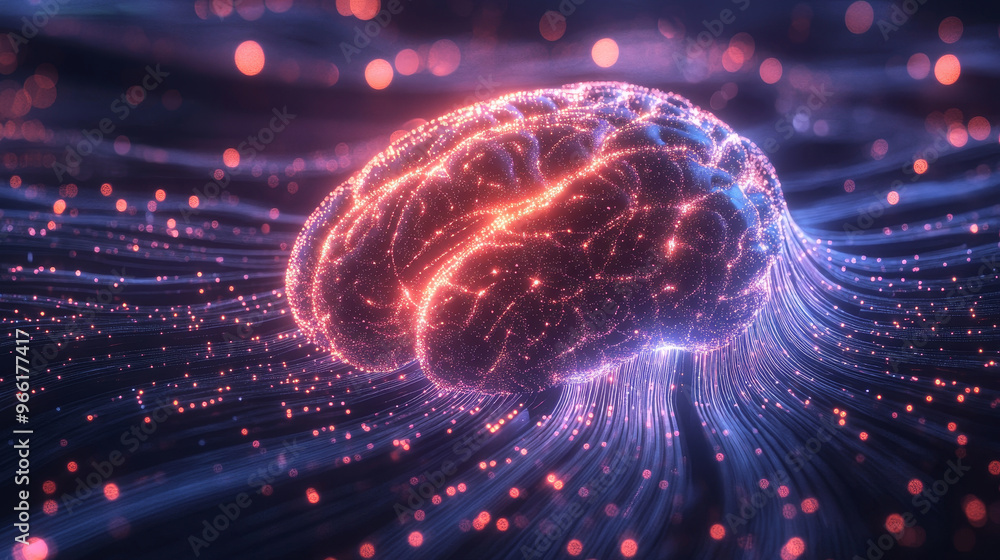 Poster futuristic ai brain wrapped in streams of glowing data, showcasing intricate neural connections and 